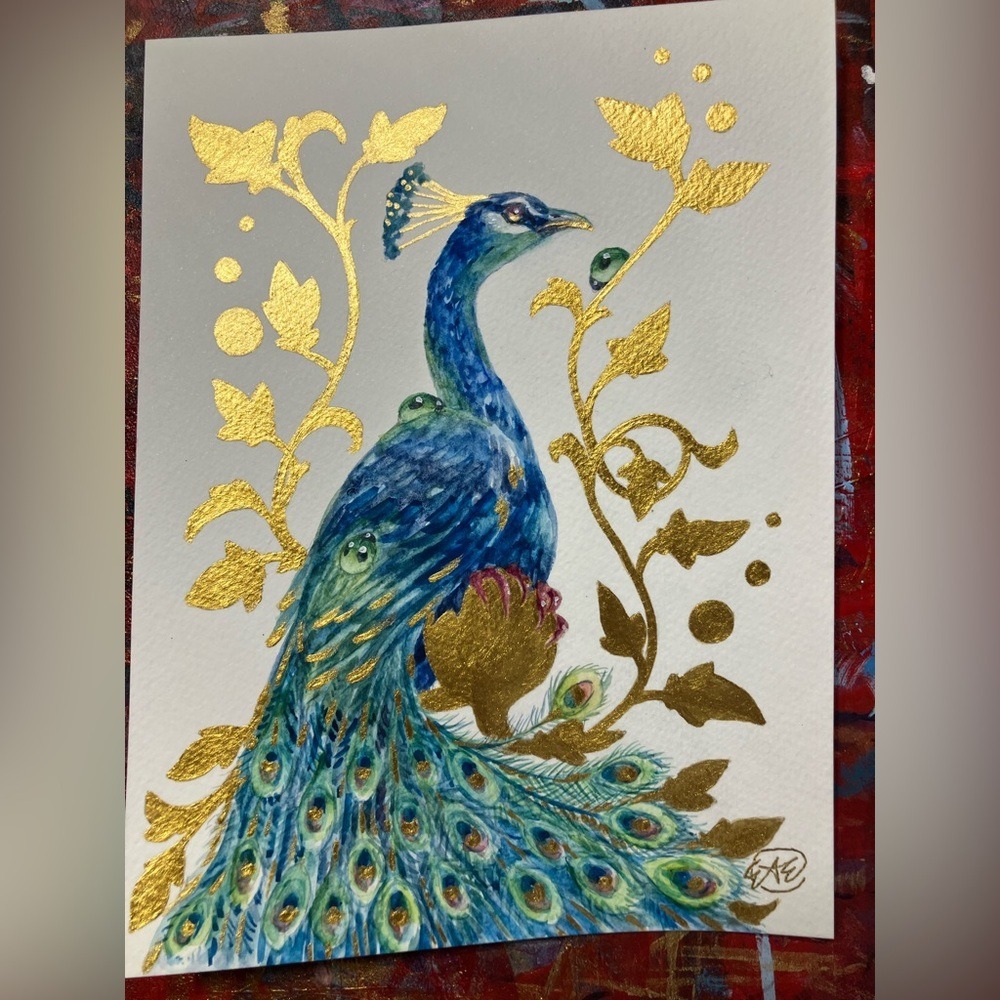 Original painting Peacock bird Art Gold Embellishment surrealism by artist EAE - Picture 6 of 8